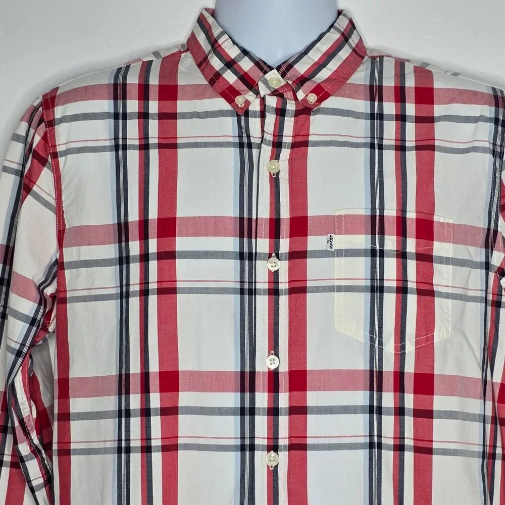 Levi's‎ Shirt Mens Medium Button Down Red Black Plaid Casual Dress Long Sleeve - Picture 2 of 6